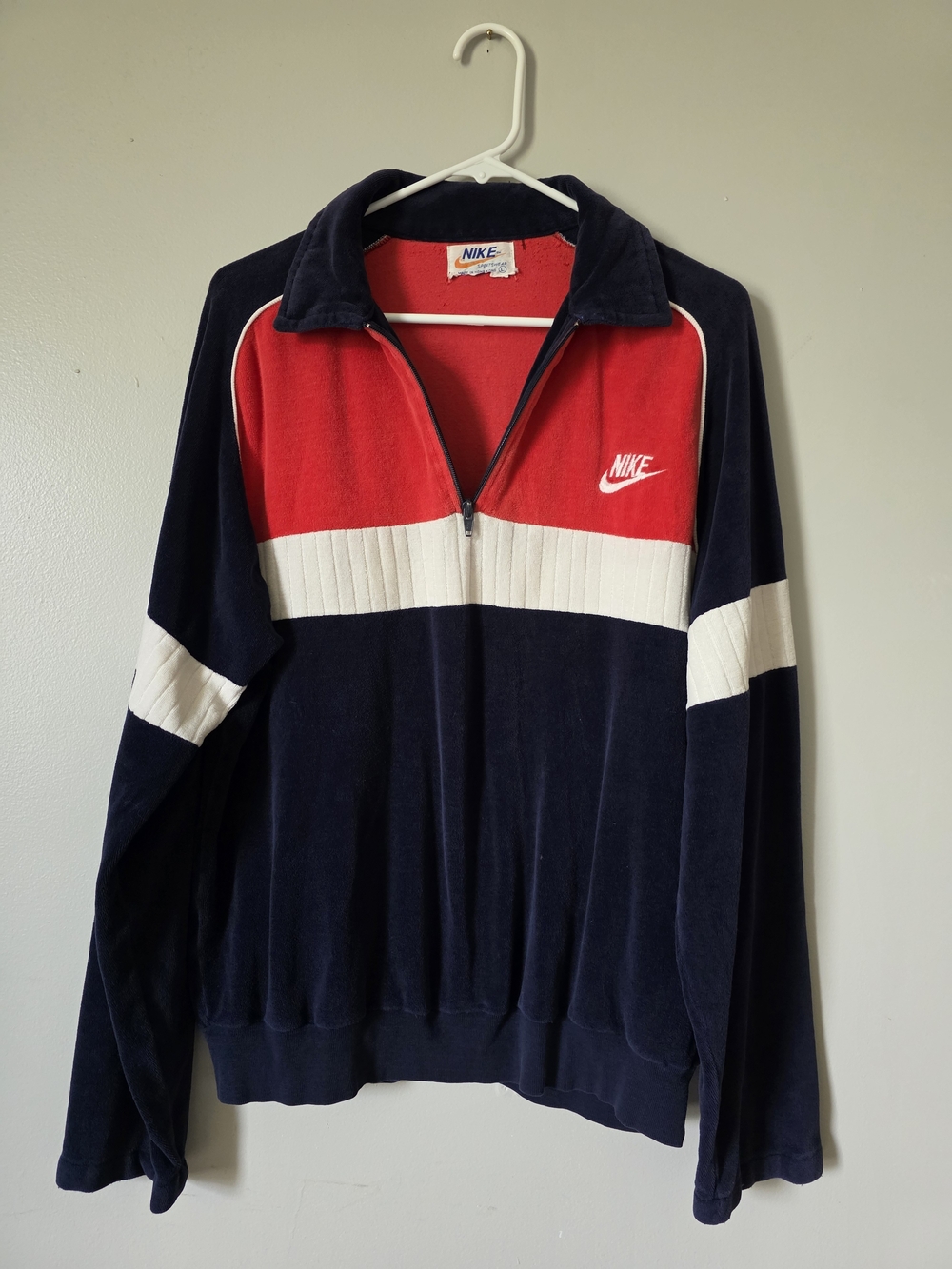 Nike Air Vintage 70s Velour Colorblock Polo Shirt sz L Long sleeve Orange Tag